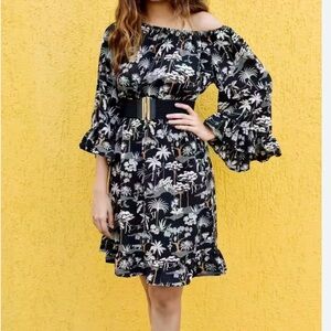 H&M Off-Shoulder Black Tropical Print Dress